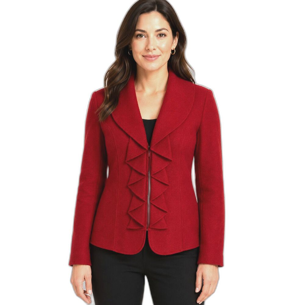 Charter Club Red 100% Wool Zip Front Jacket Women’s Large Shawl Ruffle Collar